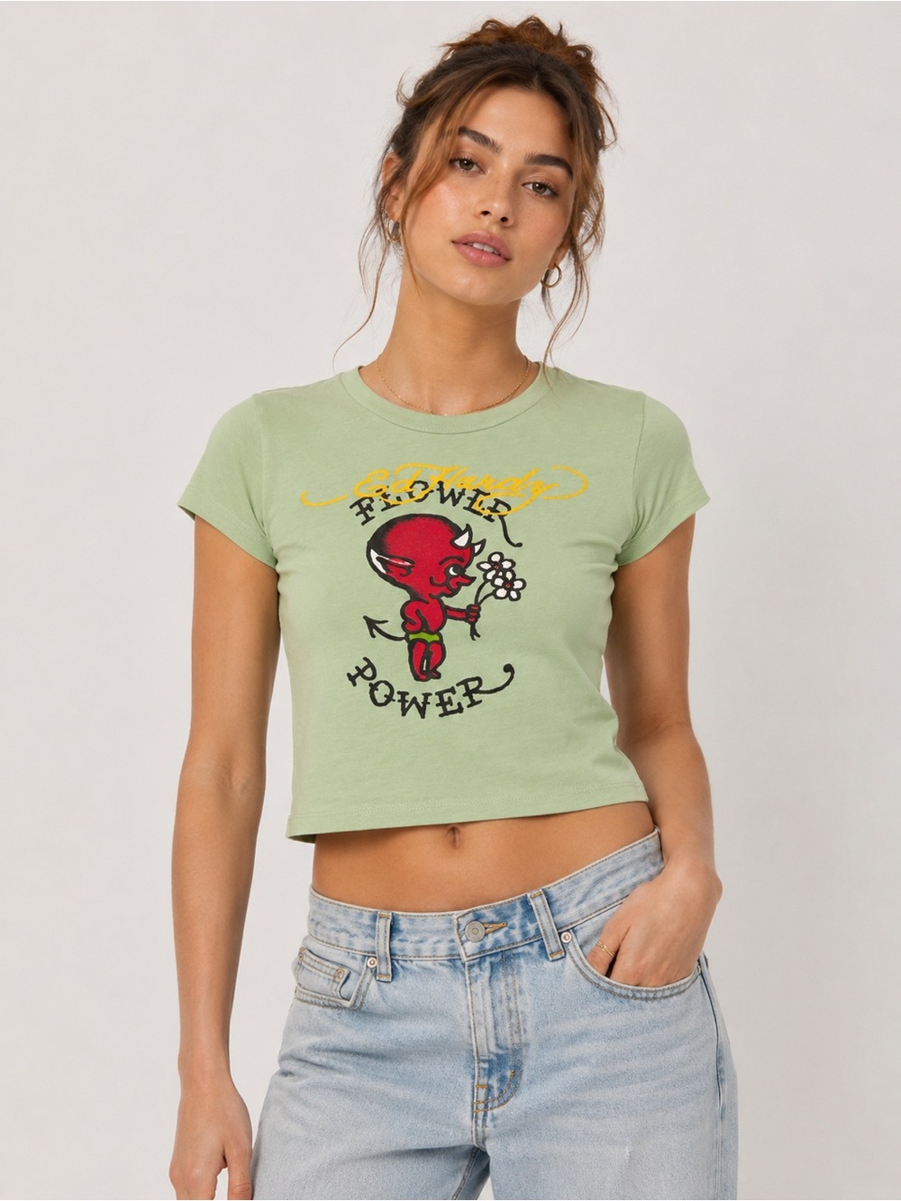 Ed Hardy Women’s XL Cropped Baby Tee Flower Power Y2K Graphic T Shirt Tattoo Art
